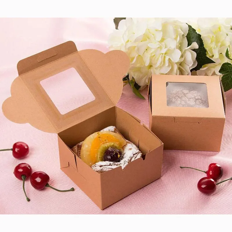 Kraft Paper Bakery Boxes Single Pastry Box Packaging with Clear Display Window Donut Mini Cake Pie Slice Dessert Treat Boxes