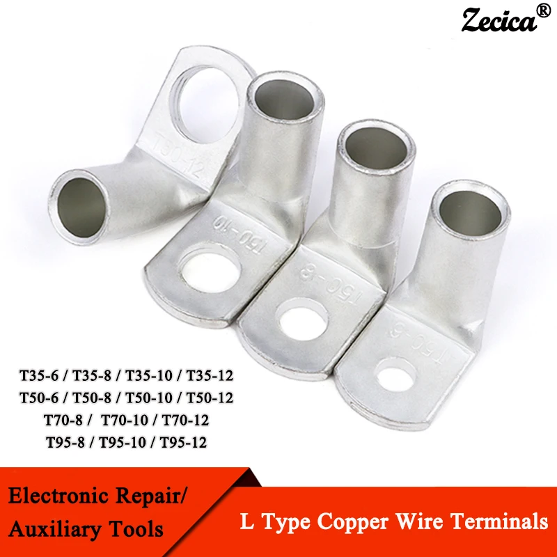 

1~50pcs Wire Terminals L-type Right Angle 90 Degree Bend Nose T35/50/70/95-6/8/10/12 Tinned Copper Crimp Connector Cable Lugs