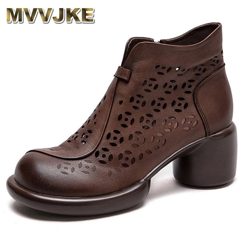 

Spring New Pumps Breathable Hollow-out Boots Round Toe Genuine Leather Retro Versatile High Heels Women Shoes