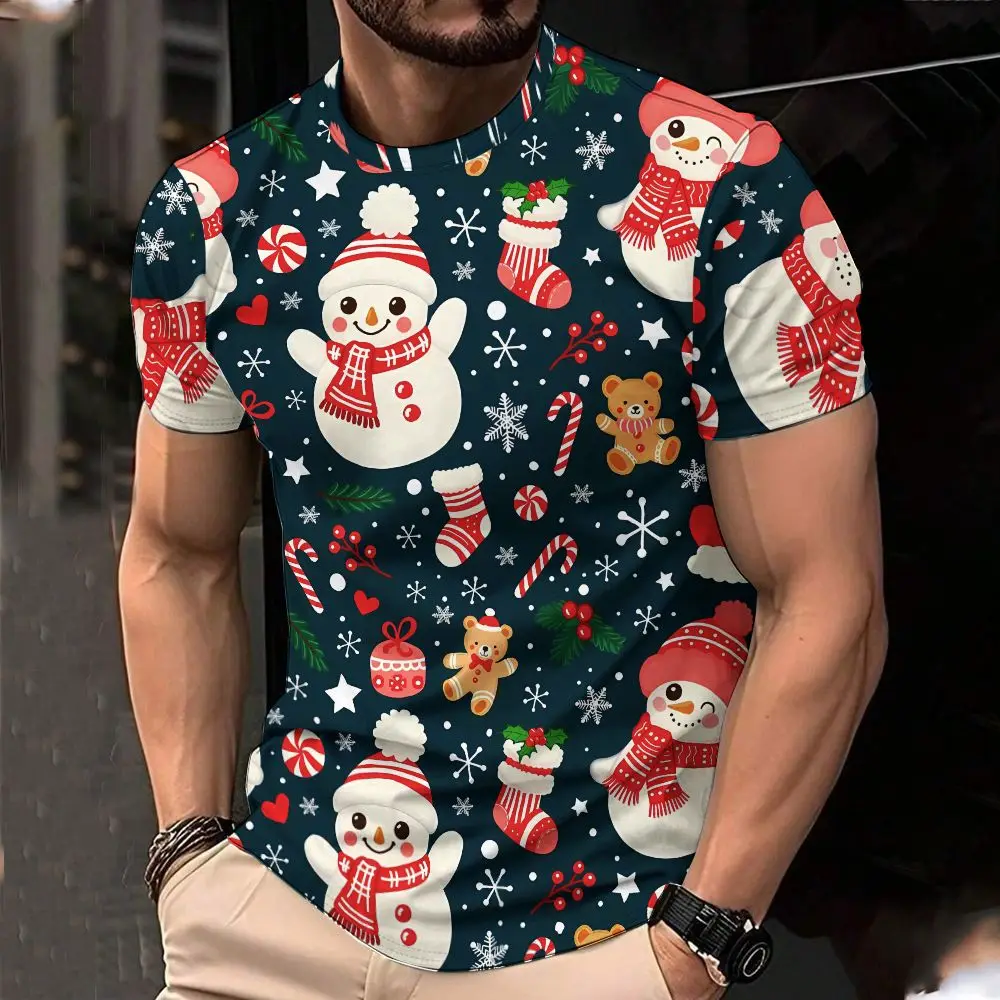 Christmas Men's Crew Neck T-Shirt, Casual Short Sleeve, Cartoon Santa Claus Pattern, Holiday Party Top, Everyday Wear