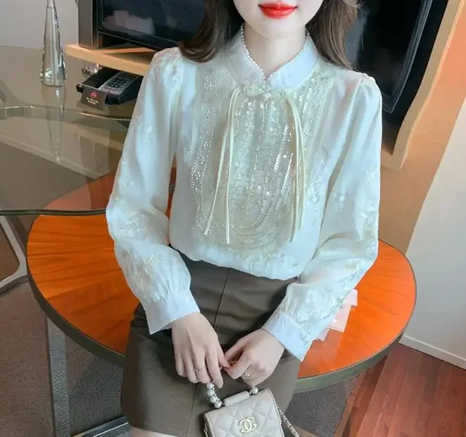 

embroidery shirts women full sleeve sequined shirt tops