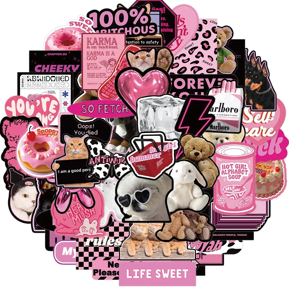 53pcs Cute Animal Pink Egirl Charm Y2K Stickers Aesthetic for Scrapbooking Diary Phone Luggage Waterproof Sticker Decals