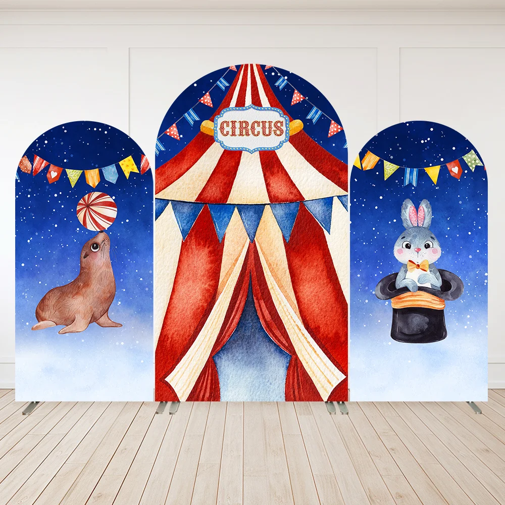 

Blue Red Circus Arch Cover Backdrop for Kids Birthday Decoration Animals Rabbit Sea Lion Boys Baby Shower Chiara Wall Background