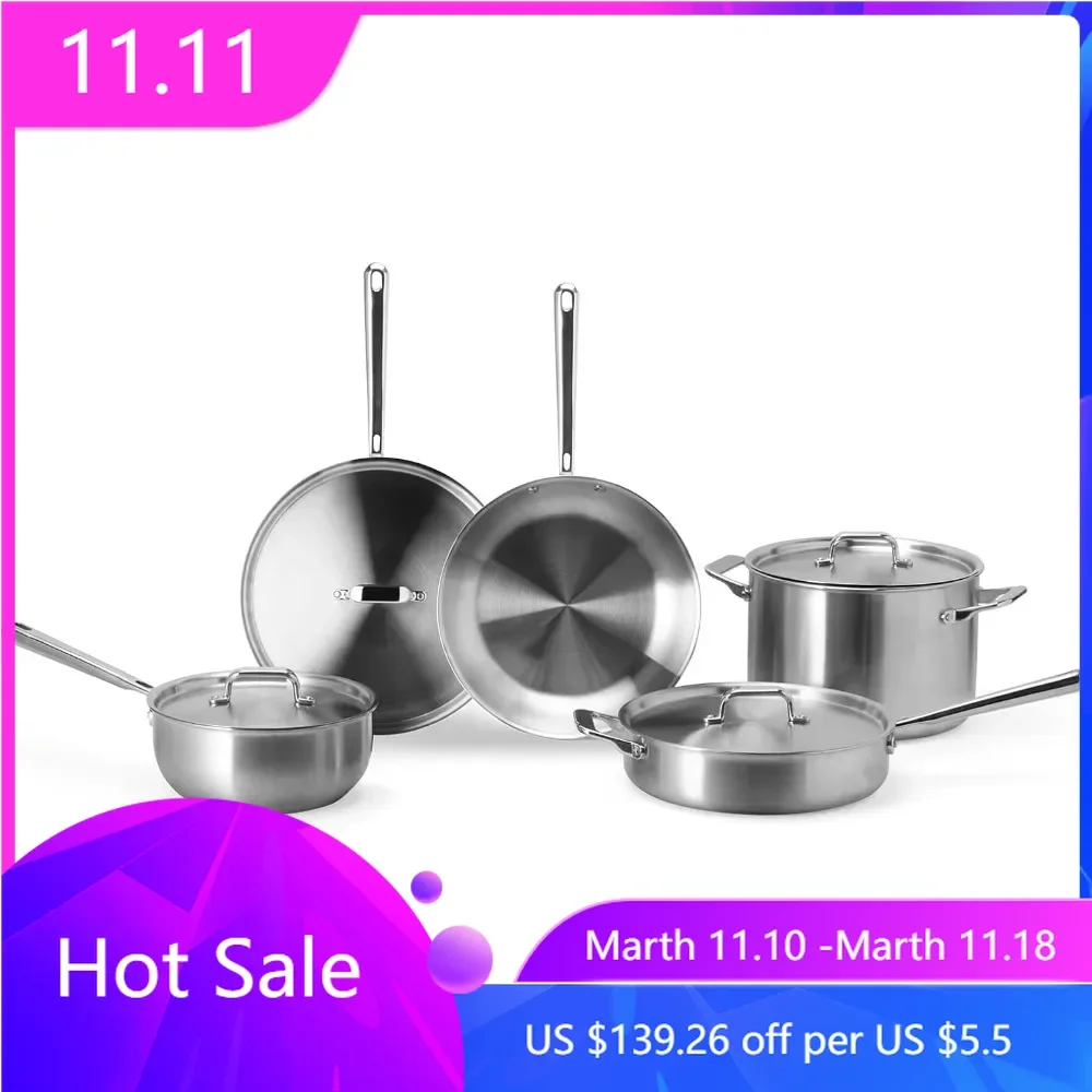 5-Ply Stainless Steel Cookware Set: 3 QT Stainless Steel Saucier with Lid,Saute Pan with Lid & 10