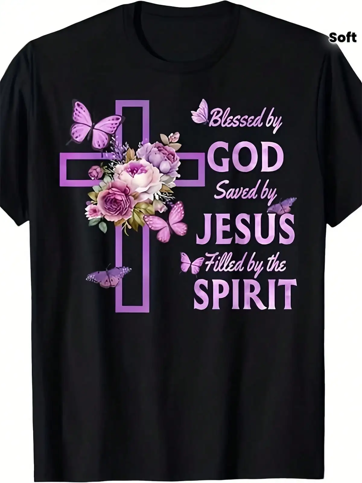 Men's Christian Faith T Shirt Blessed By God Saved By Purple Floral Cross Graphic Tee With Purple Lettering Soft Everyday Church Outfit & SportswearSame Style For Men And Women 2025 Summer Short-Sleeved Printed T-Shirt Pure 220G,Suitable For All Seasons,