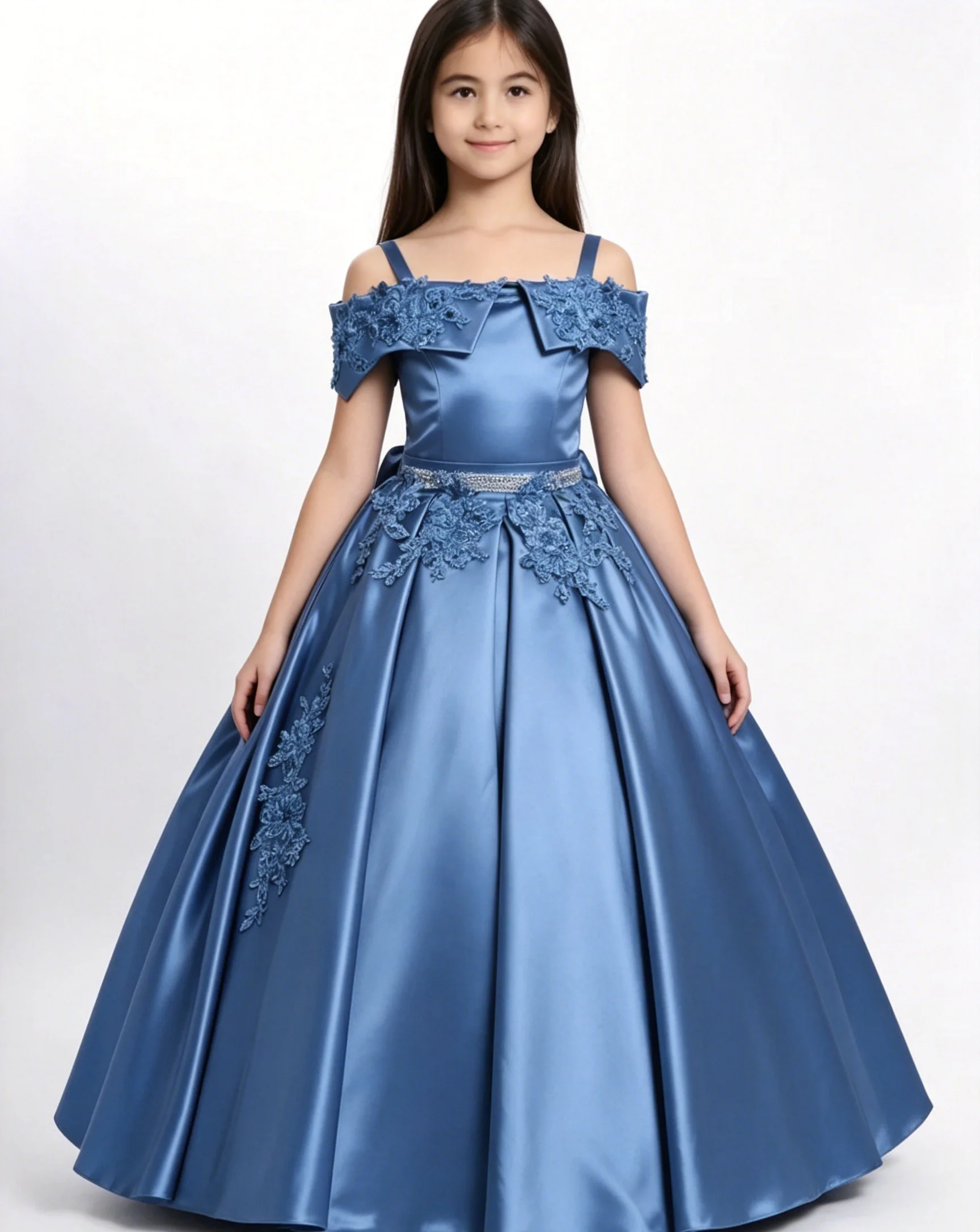 Elegant Satin Flower Girl Dress For Wedding Off Shoulder Applique Floor Lenght Kids Birthday First Communion Gowns Custom