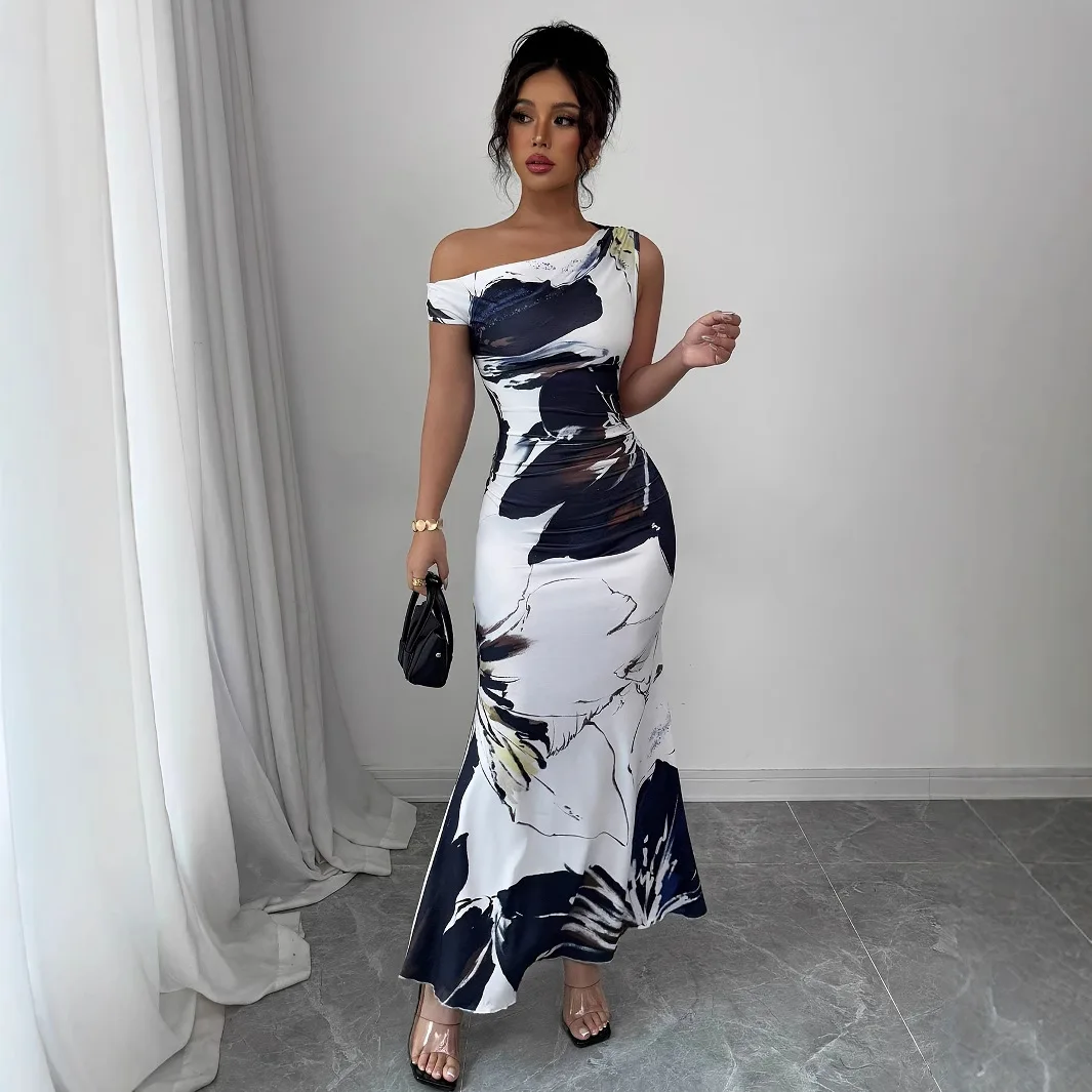 Vestidos largos ajustados sexis para mujer 2025 Otoño Invierno moda estampado de flores ajustado sin mangas fuera del hombro vestido largo elegante