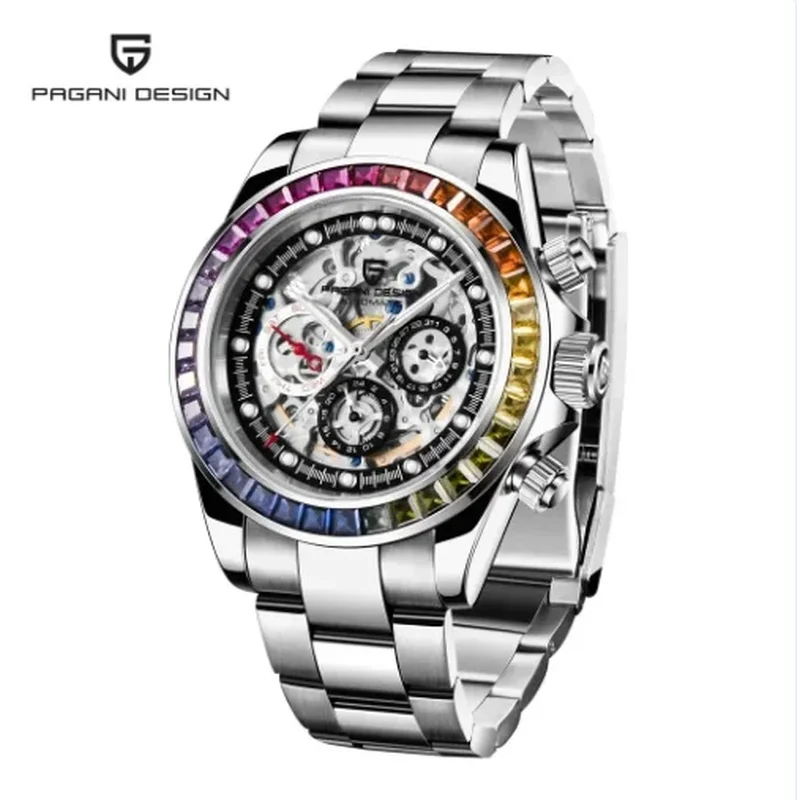 PAGANI DESIGN PD1653 | Men’s Business Automatic Mechanical Watch, Ceramic Bezel, Rainbow‑Tone Markers, 100M Water Resistant