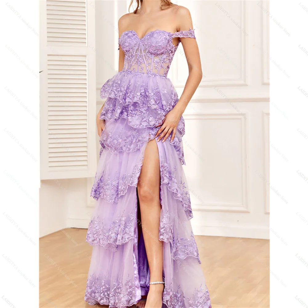 Vestidos de noite lavanda elegante fora do ombro apliques a linha vestidos de baile chique em camadas plissado até o chão vestidos de festa