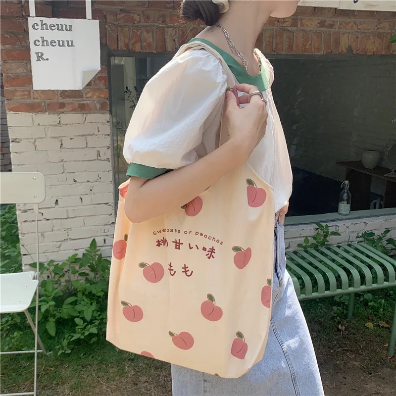 Peach Canvas Tote Bag Purses and Handbags for Women Shopper Cute Designer Shoulder Bag Japanese Kawaii Style Print Eco Bag