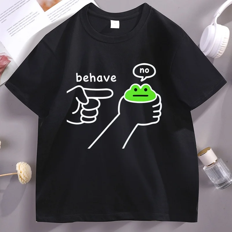 

Dishonest Frog Graphic T Shirts Funny Frog Meme Behave No T-Shirt Casual Cotton Short Sleeved Tshirt Comfortable Loose Clothing