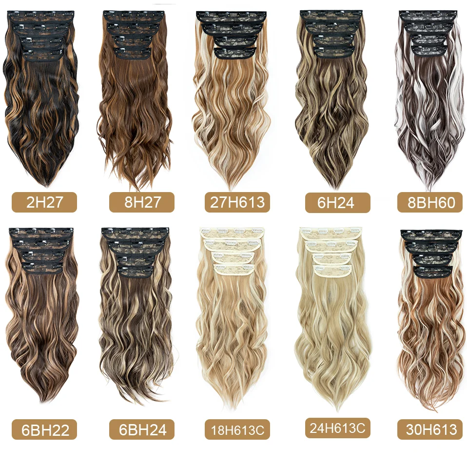 Set de 4 piezas clip extensiones con reflejos ondulados rizados largos sintéticos para mujeres 22 pulgadas 180g 2