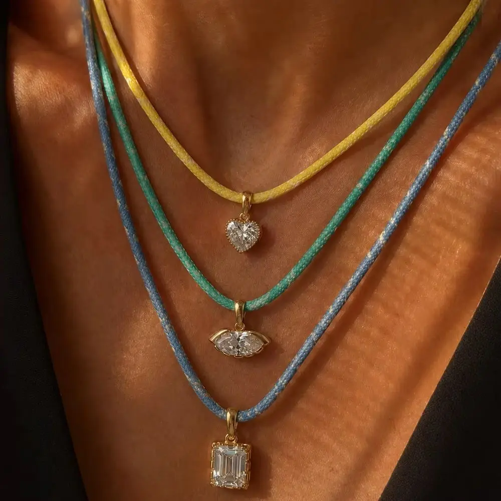 Multicolor Rope Chain Adjustable Necklace Stainless Steel Waterdrop Square Heart Zircon Pendant Collar Jewelry New Arrival
