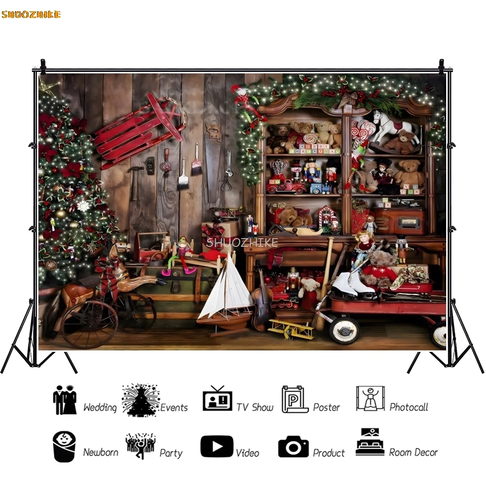 Sfondo fotografico natalizio invernale Albero di Natale Regalo Orso Ritratto per bambini Decorazioni per feste Sfondo fotografico con tavola di legno marrone