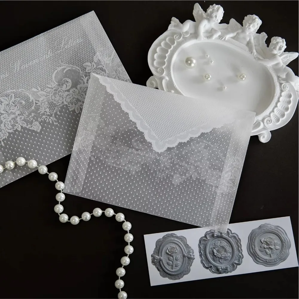 4pcs Per Set Lace Paper Envelope Paper Material Transparent Lace Wedding Invitation Envelopes Hollow Greeting Card Supplies
