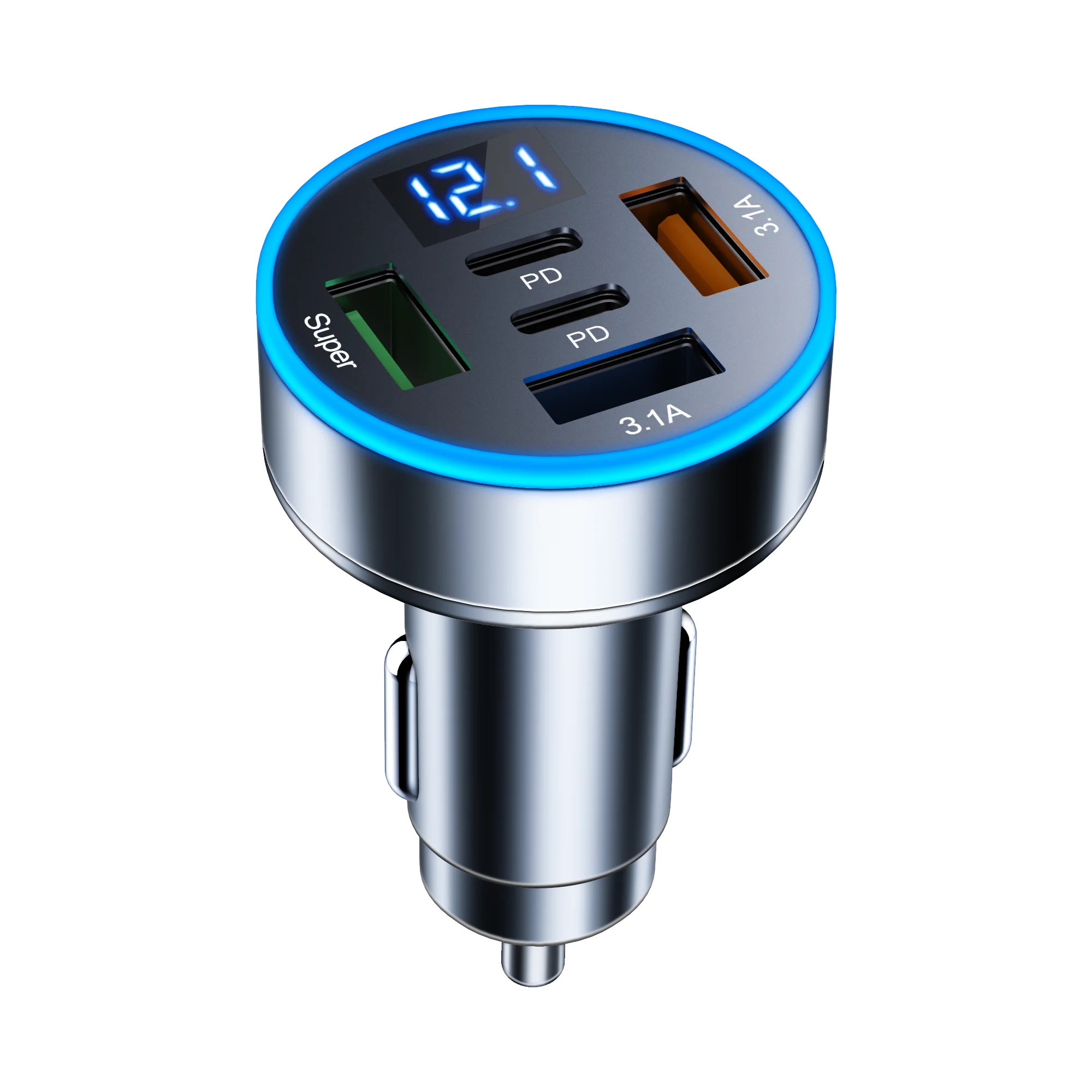 UYUXIO 5-in-1 USB-autotelefoonopladeradapter met spanningsweergave Dubbele PD-poort Supersnel opladen voor iPhone Samsung Huawei OPPO
