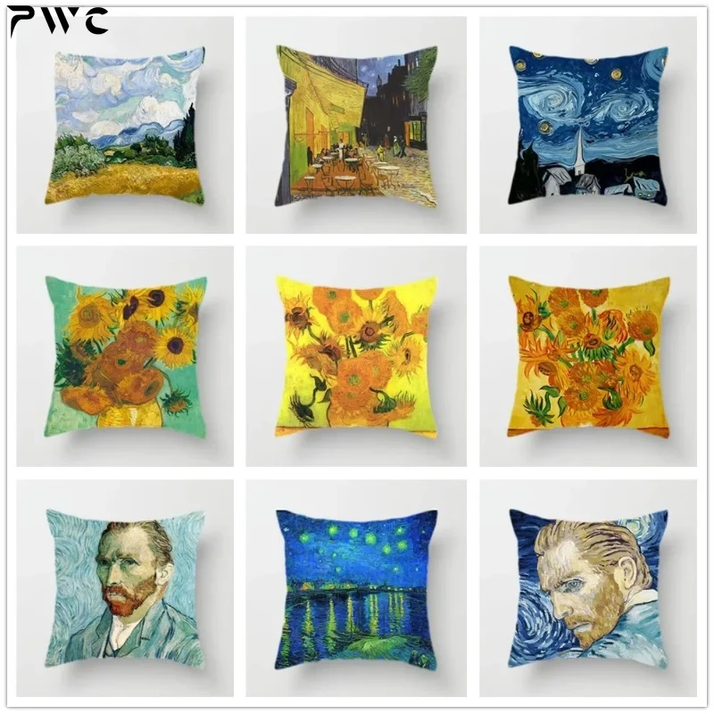 

Van Gogh Oil Painting Cushion Cover Sofa Home Decorative Pillow Covers Sunflower Self-portrait Starry Sky Print Pillowcase