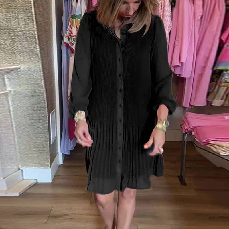 Spring Single Breasted Chiffon Pleated Dress Women Casual Solid Long Sleeve A-Line Dress Summer V-neck Loose Office Lady Dresses