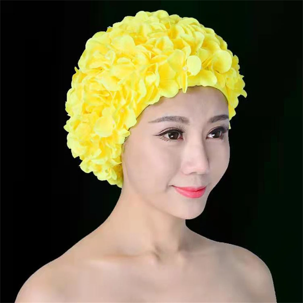 2024 Women\'s Pleated Flower Swimming Cap Free Size Soft Long Hair Breathable Shower Cap Beach Surfing Protect Ears Elastic Caps