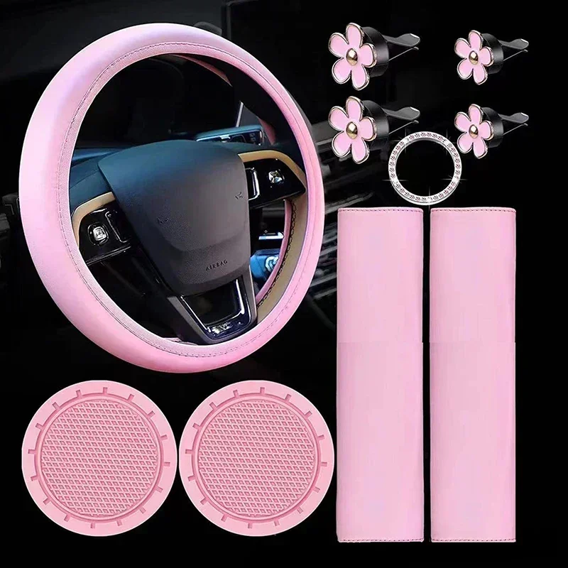 10 Pcs Leather Steering Wheel Cover For Women Cute Car Accessories Set With Seat Belt Shoulder Pads Cup Holders Decorations