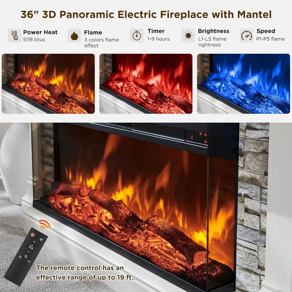 Electric Fireplace with Mantel, 3-Sided Glass Farmhouse TV Stand with Fireplace for TVs up to 65