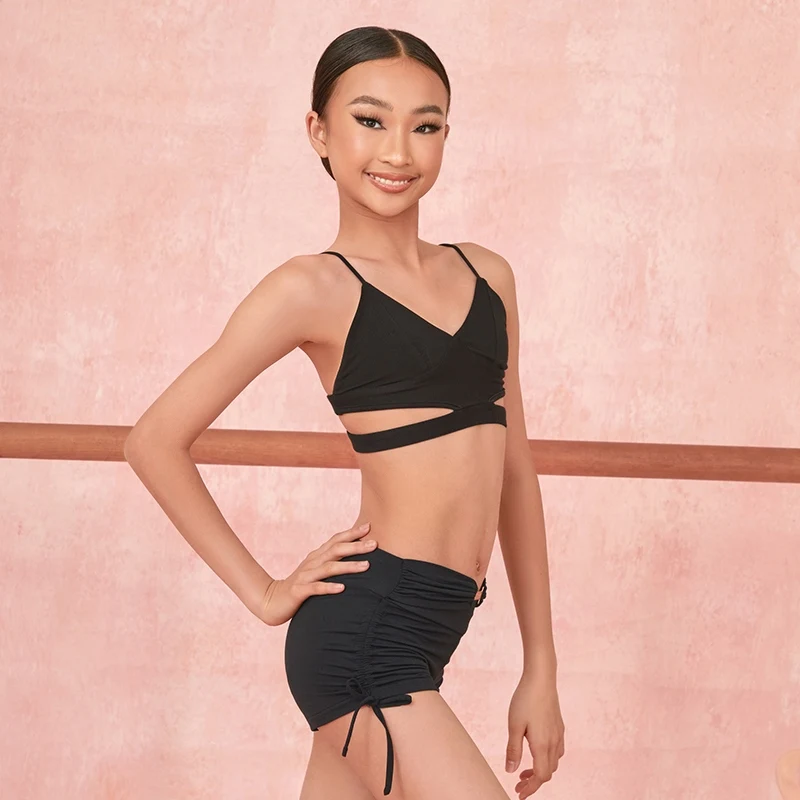 

ZYM 2025 новая одежда для латинских танцев для девочек, спортивные топы на бретельках, брюки на шнурке, костюм, детские костюмы для латинских танцев DQS19109