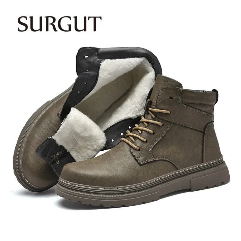 SURGUT Fashion Warm Winter Men Leather Shoes Rubber Waterproof Ankle Boot Outdoor Comfortable Work Fur Snow Boots For Men image 4