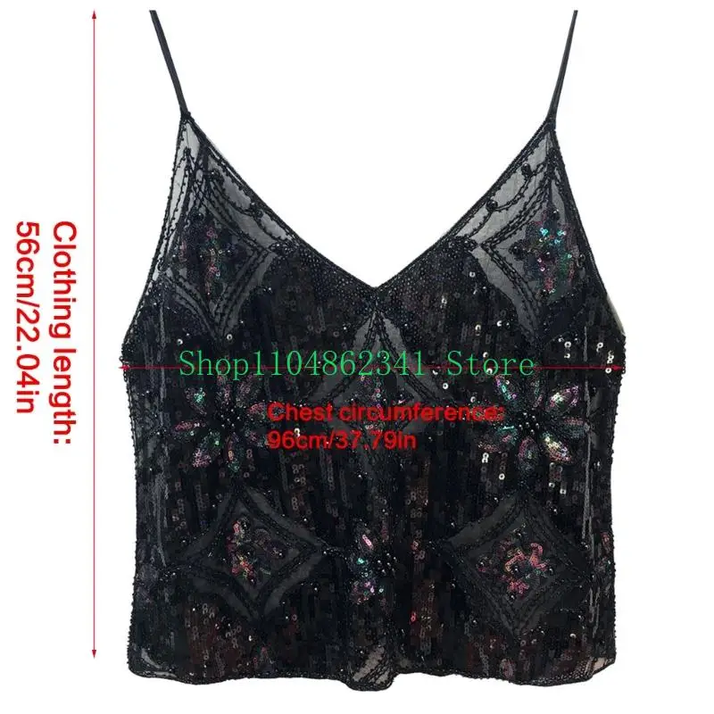 5asd Womens Sparkling Sequins Sheer Mesh Camisole Spaghetti Straps V Neck Crop Top Sleeveless Vest for Cocktails Club