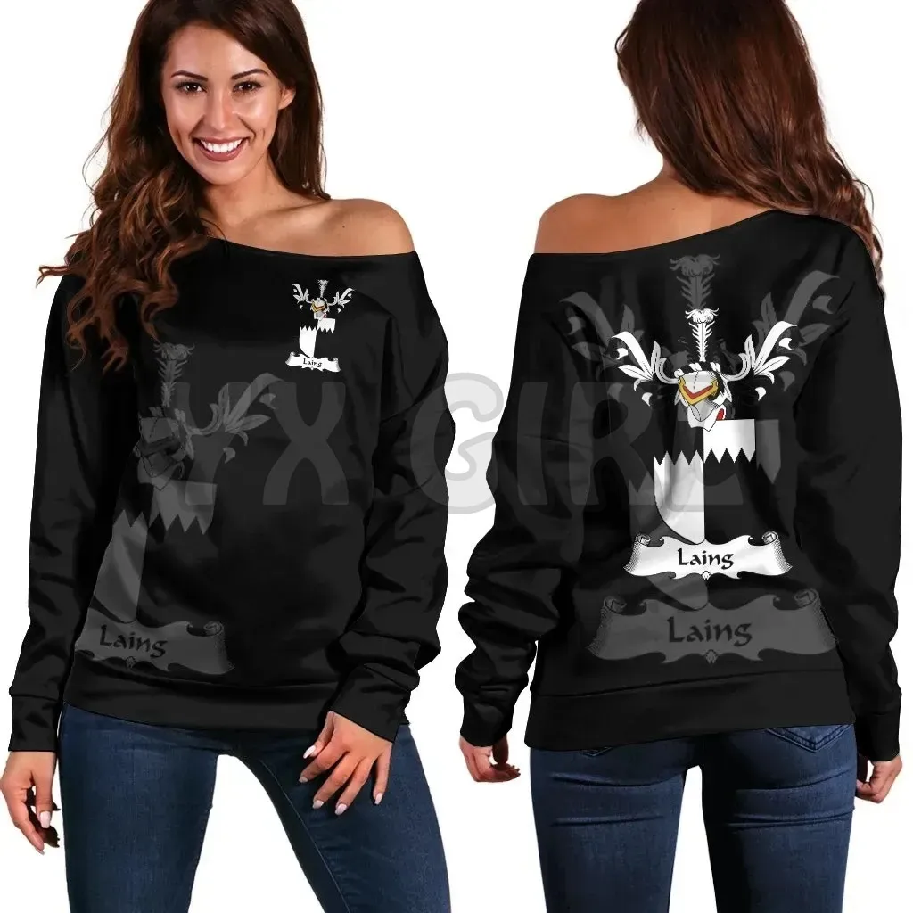 YX GIRL Laing Family Crest Women's Off Shoulder Sweater 3D Printed Novelty Women Casual Long Sleeve Sweater Pullover