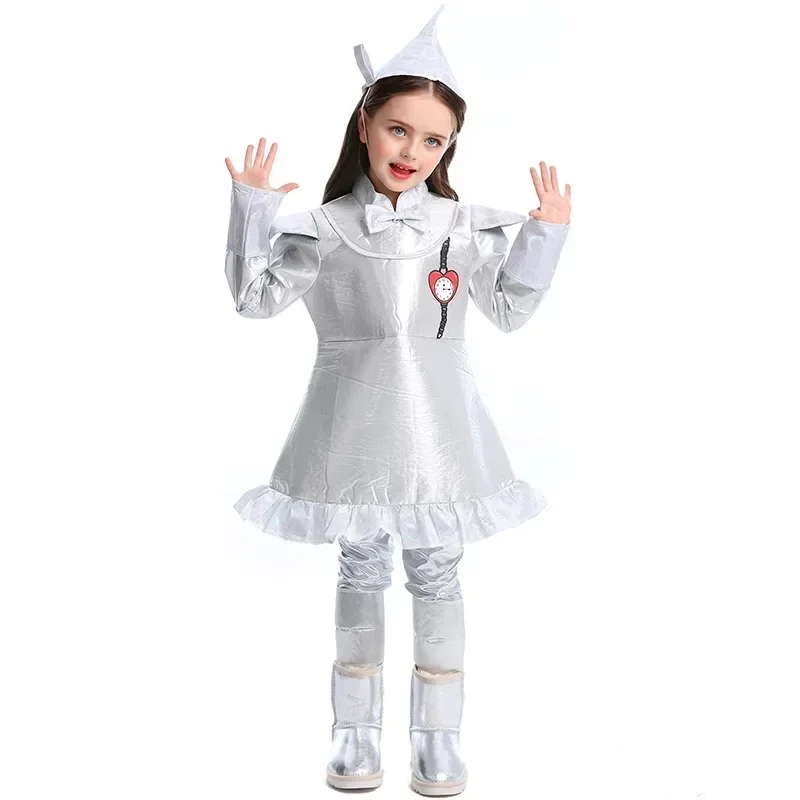

Halloween The Tin Man Girls Cosplay Dress With Headgear Shoe Covers Silvery Costume