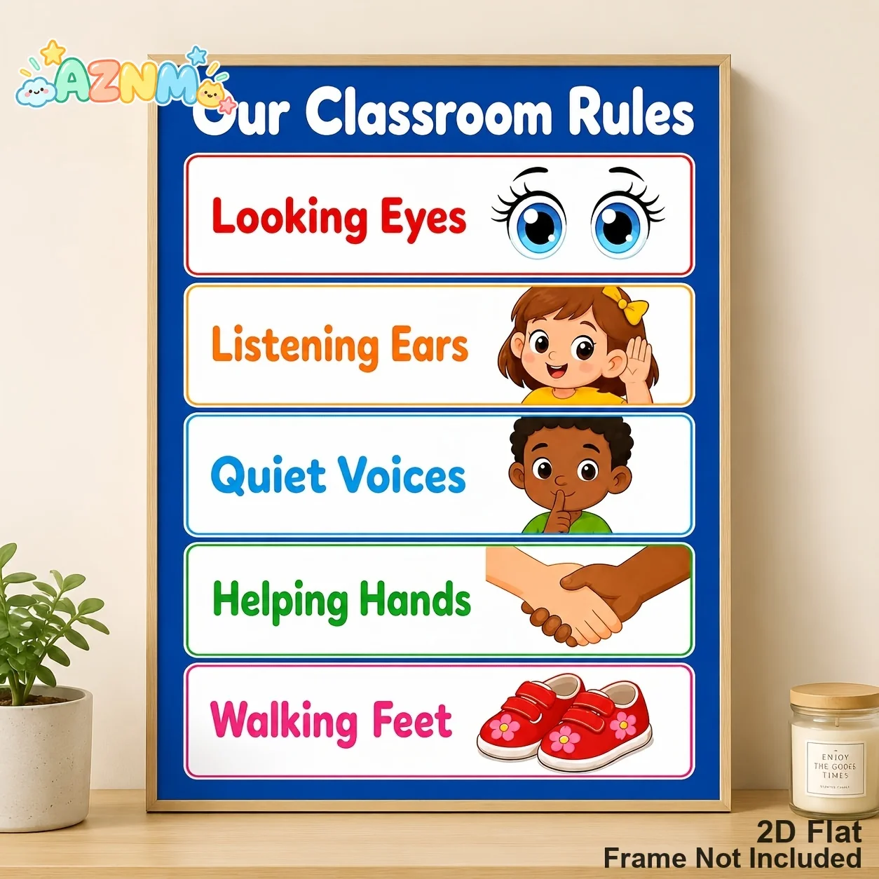 2D Flat, Posters And Prints Unframed Canvas Wall Art Cartoon Classroom Rules Looking Eyes Listening Ears Quiet Voices Helping