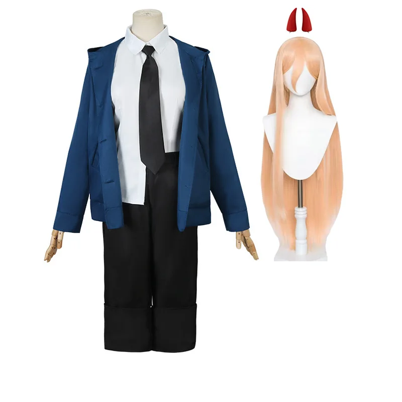 Power Cosplay Chainsaw Man Costume Blue Jacket Wig Horn Hairpins Women Halloween Carnival Party Role Playing Outfit Anime Suit