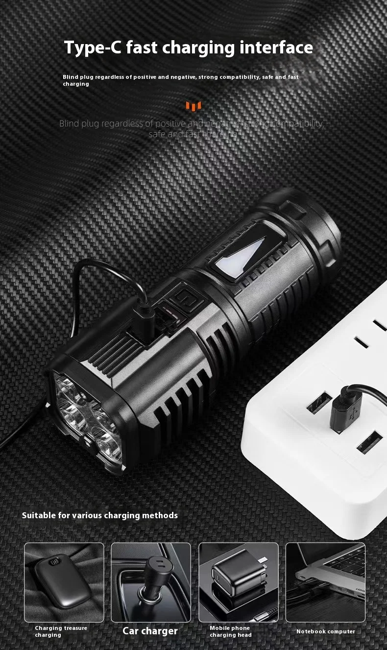 4LED High Power Flashlight With COB Light Super Bright Floodlight USB Rechargeable Type-c Flashlights Camping Fishing Lamp Torch