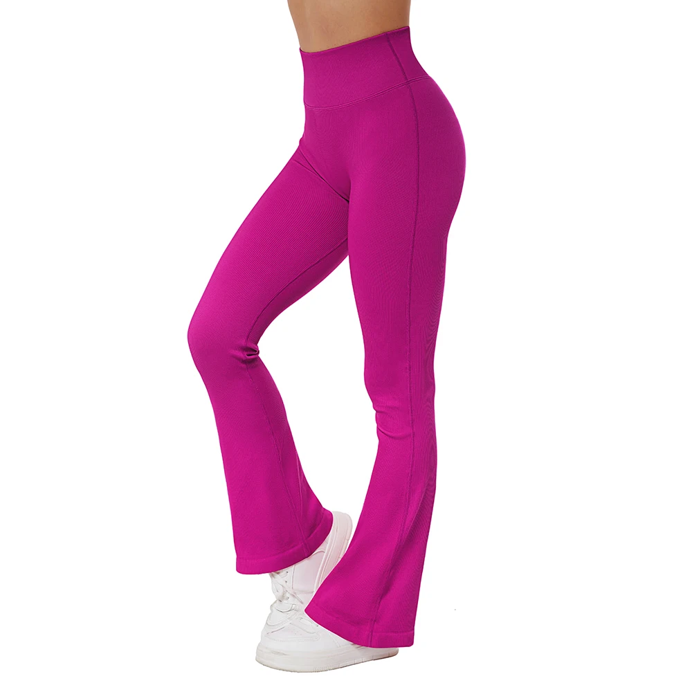 Leggings svasati senza cuciture a costine da donna Sport Corsa Allenamento Pantaloni fitness Bootcut Pantaloni da yoga svasati push up a vita alta da donna