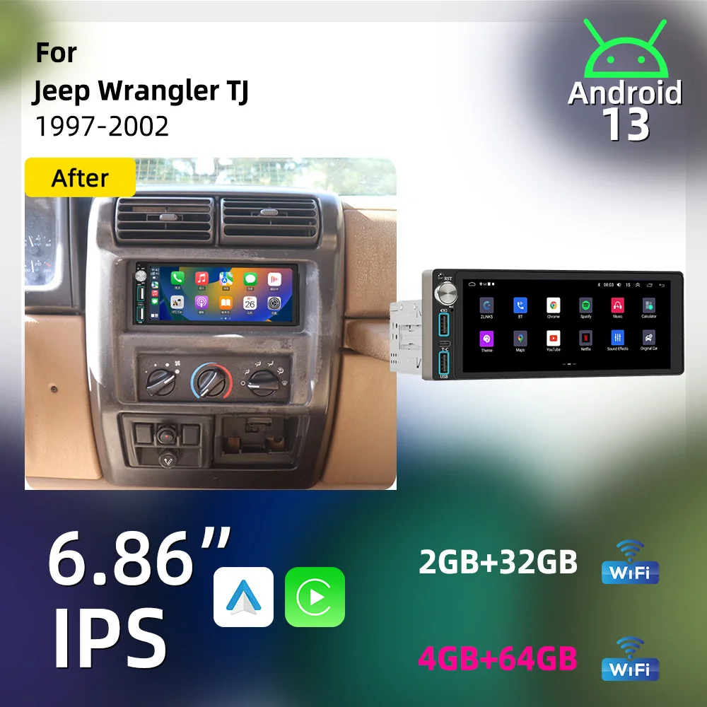 Autoradio Android 6,86 pouces avec CarPlay, 1 Din, pour Jeep Wrangler TJ 1997-2002, radio, autoradio, GPS, multimédia
