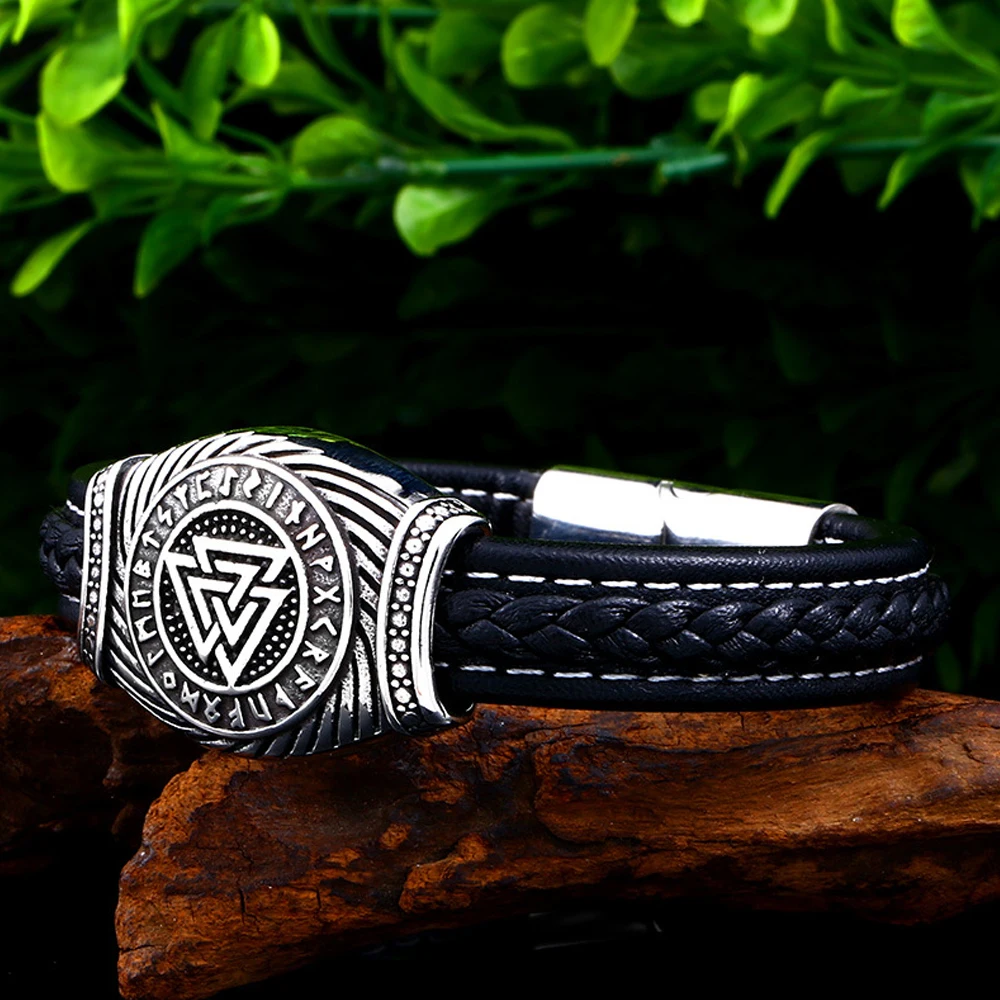 Retro Mens Viking Valknut Bracelets Stainless Steel Viking Vegvisir Compass Bracelet Bangle Norse Mythology Runes Amulet Jewelry