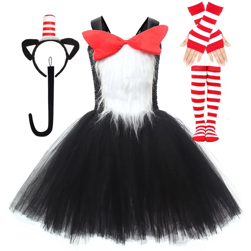 Katzen-Tüll-Tutu-Kleid für Mädchen mit rot-weiß gestreiftem Hut, Cartoon-Performance-Kleidung für Kinder, flauschiges Tüll-Prinzessinnenkleid für Partys