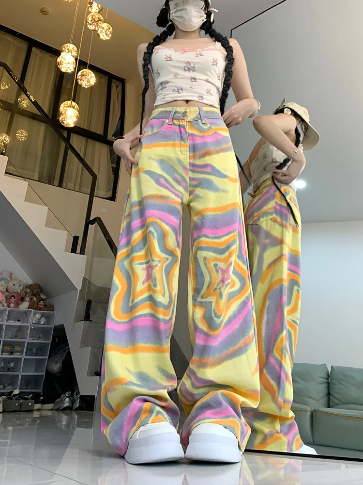 Tie dye Graffiti jeans largos, calça reta de perna larga, calça casual, roupas femininas, moda da moda, Y2K, 2024