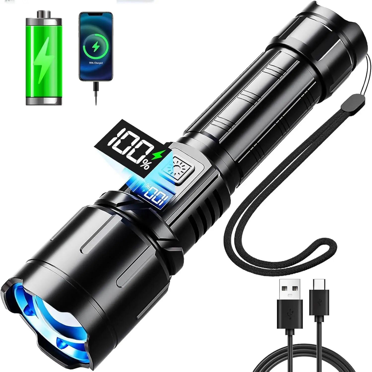 

Rechargeable Flashlights High Lumens, Super Bright Flashlight, 5 Modes LED Powerful Flashlight Adjustable Versatile Flashlight