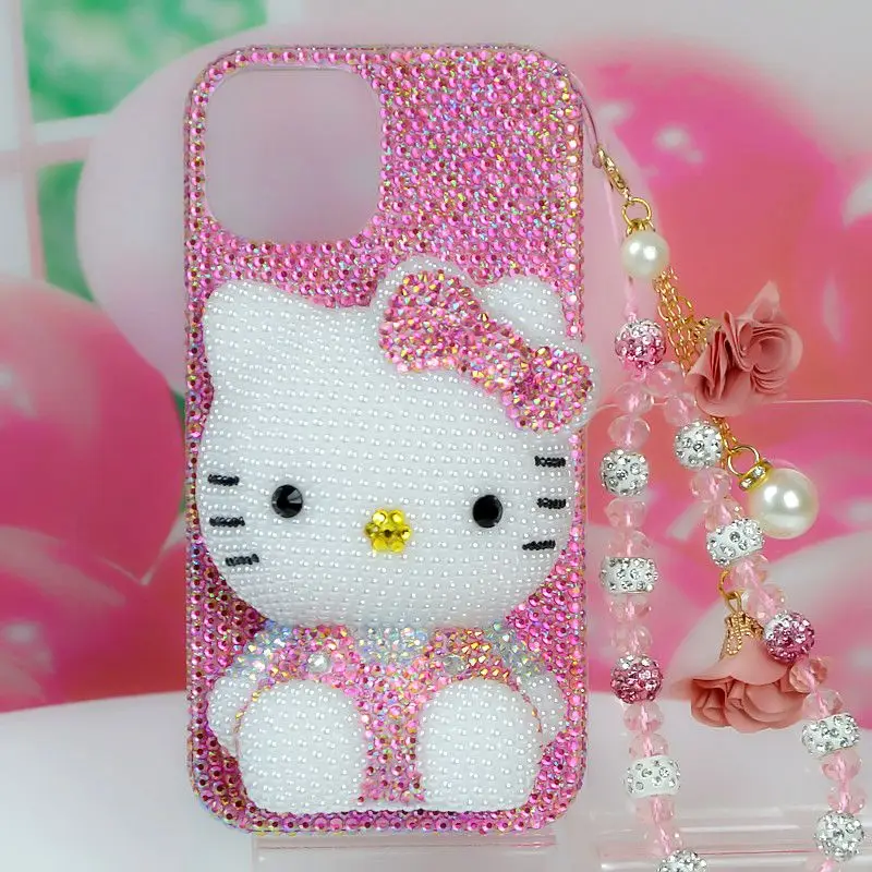 

Sanrios Hello Kittys Rhinestone Bling Crystal Phone Case Chain for Iphone 16 12 13 14 15Pro Max X Xs Xr 7 8 Plus Se Girls Gift