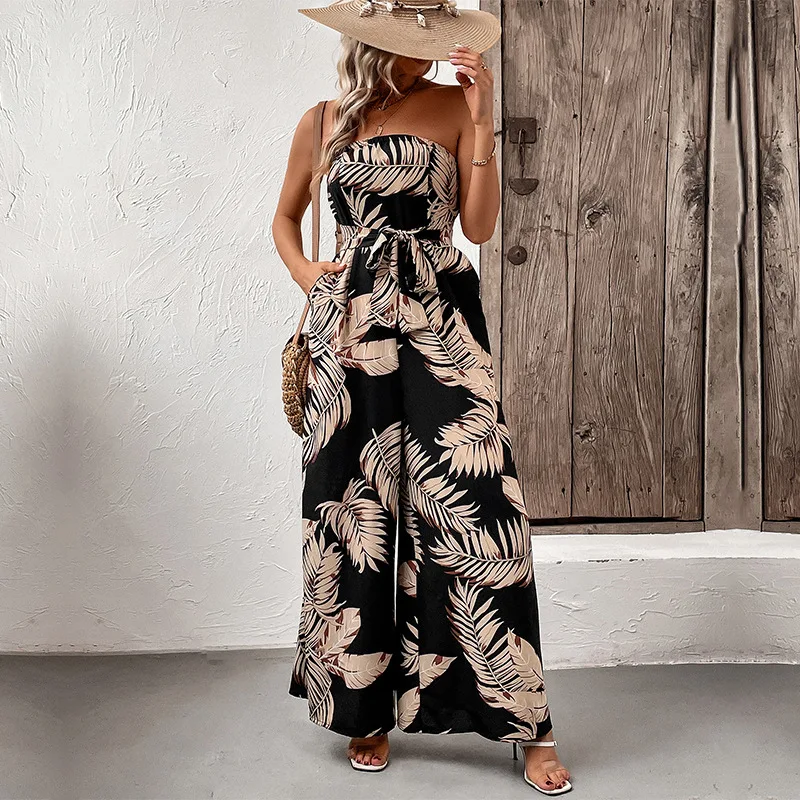 Summer Casual Vacation Tropical Style Leaf Print Strapless Jumpsuit