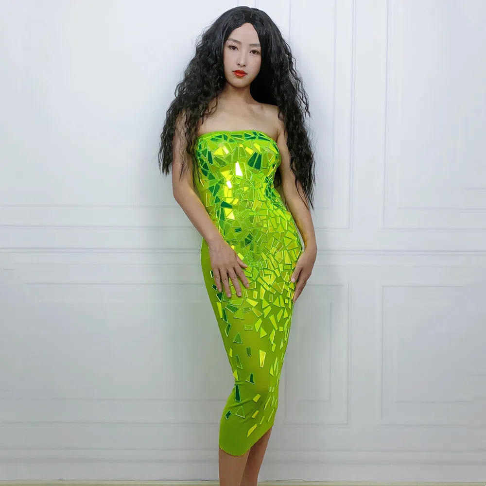 

Fluorescence Green Mirror Mesh Strapless Dress Sexy Transparent Host Singer Stage Wear Party Banquet Evening Celebrate Costume