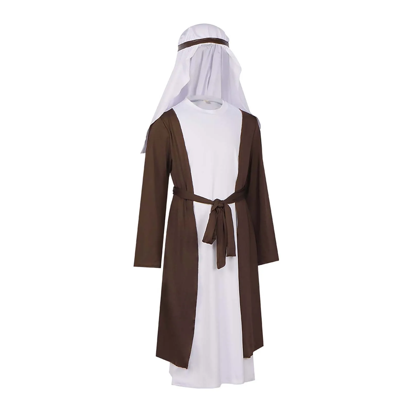 Kids Boys Satin Joseph Costume Shepherd Cosplay Costume Arabian Abaya Middle East UAE Maxi Robe with Sash and Headpiece