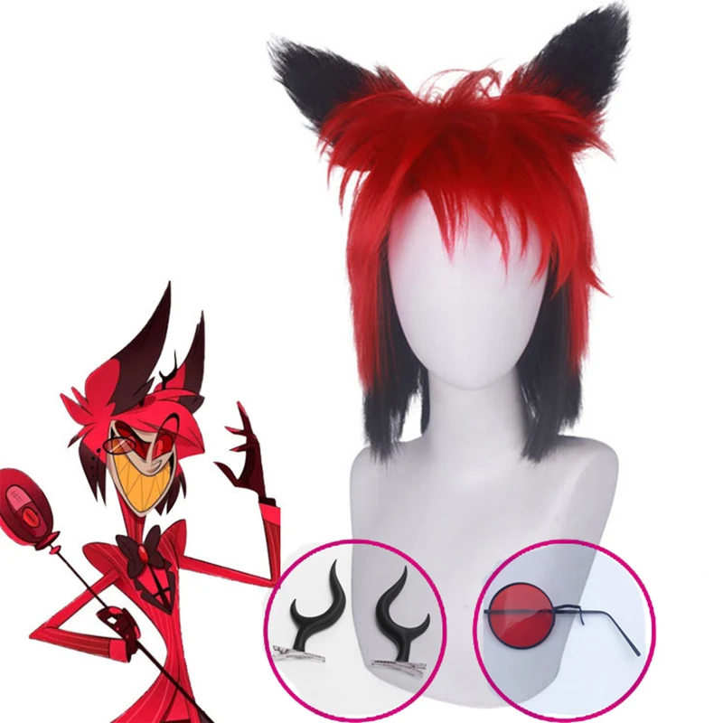 Alastor-Peruca Cosplay Anime Resistente ao Calor, Cabelo Vermelho e Preto, Orelhas Pré-Crimped, Óculos, Perucas Masculinas