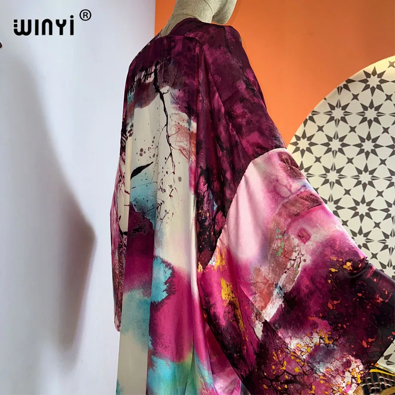 WINYI kimono summer Oil painting print Bikini Cover-up Elegant fashion Cardigan sexy Holiday long Sleeve silk feeling maxi dress