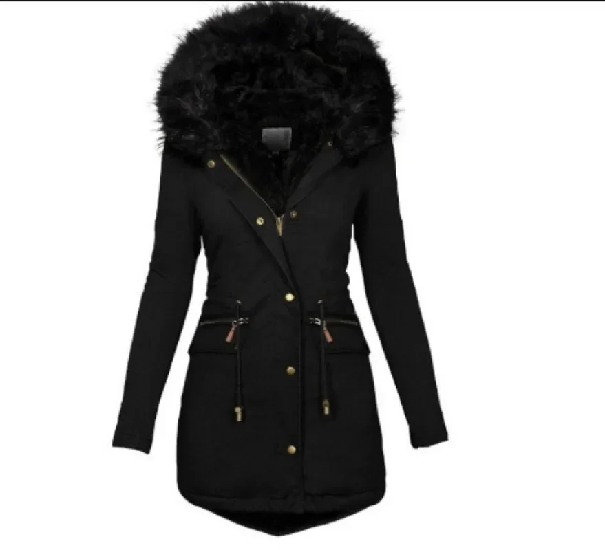 New Slim Fit and Slim Womens Jacket Solid Color Wool Collar Hooded Mid Length Warm Zipper Cotton Coat for Women