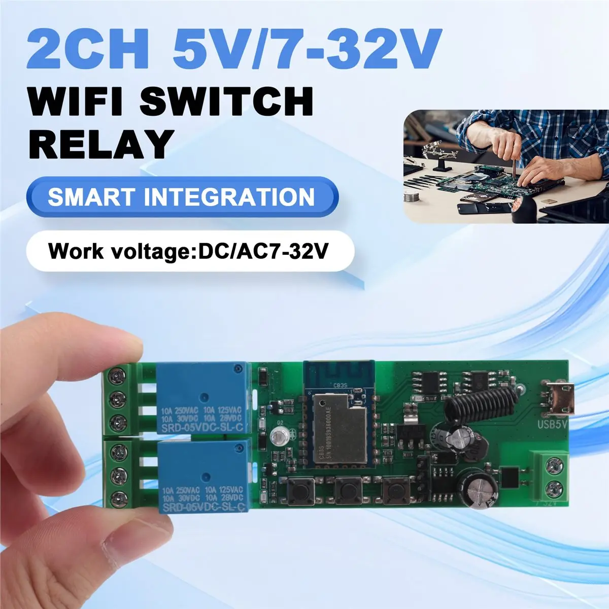 (AIMA) Smart Tuya Smartlife Wifi Switch Relay 2CH 5V/7-32V for Inching Self-Locking Interlock for Alexa Google Home