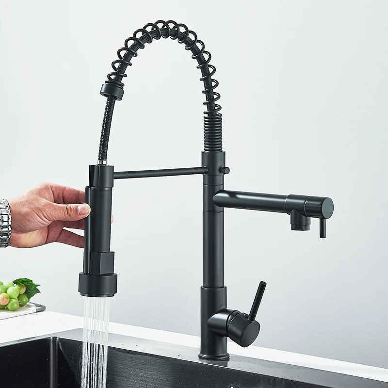 Rozin Black Spring Pull Down Kitchen Sink Faucet Deck Mounted Dual Spout Hot & Cold Water Mixer Tap Crane,Single Handle,SUS 304