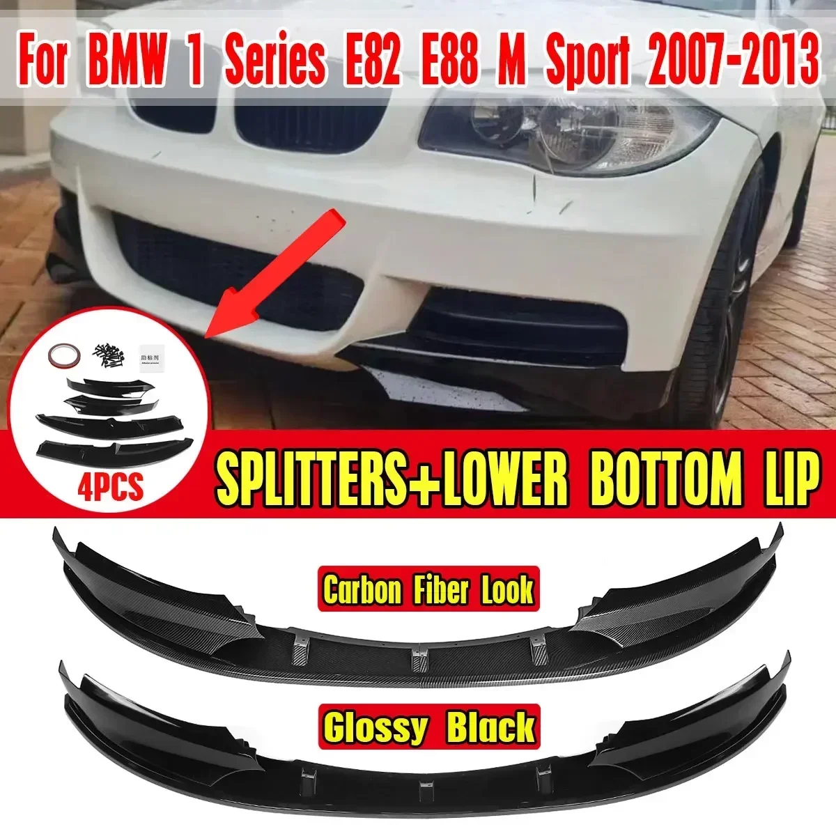 4 Pcs Car Front Bumper Lip Splitter Diffuser Lip Body Kit Spoiler For BMW 1 Series E82 E88 M Sport 2007-2013