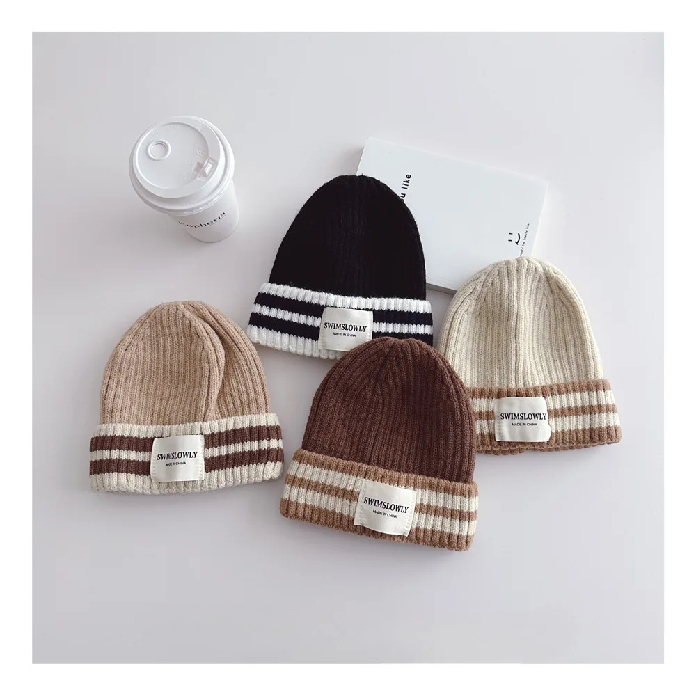 MiniAinis Cashmere Winter Hat Baby Boys Girls Outdoor Fashion Warm Striped Knitted Cap Children Winter Beanies Hats Lady Caps